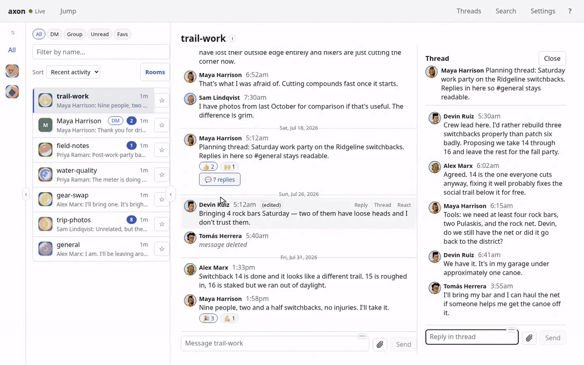 axon-web on a desktop window: the room list, a timeline with reactions and an edited message, and an open thread panel